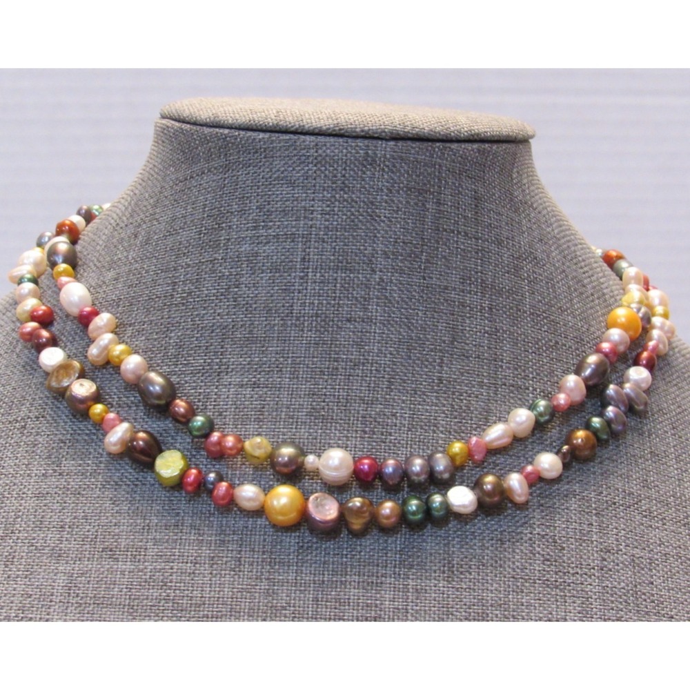 Multicolor Baroque Pearl Double Strand Necklace Silver Tone Toggle Clasp 17in
